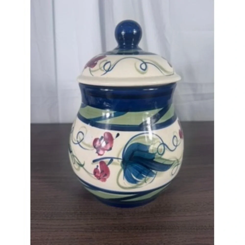 Gail Pittman 1994 Hand Painted Lidded Canister Blue & Floral Art‎ Pottery